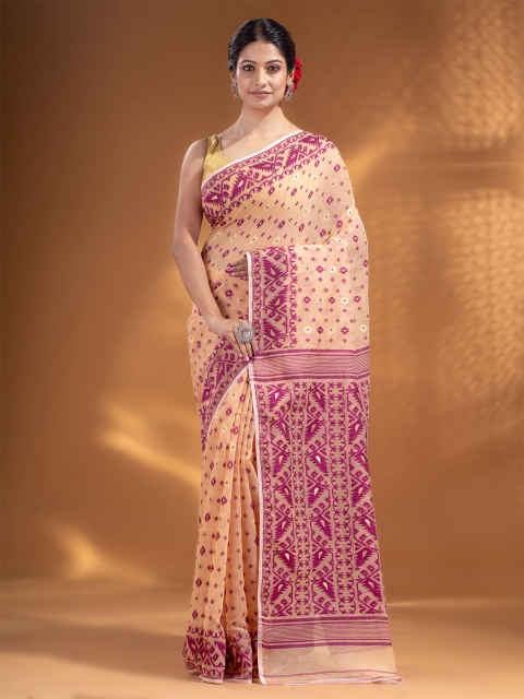 

Arhi Cream-Coloured & Coral Woven Design Zari Silk Cotton Jamdani Saree