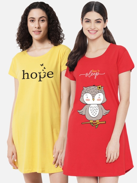 

FFLIRTYGO Women Pack of 2 Yellow & Red Printed Nightdress