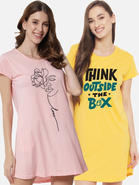 FFLIRTYGO Pack of 2 Pink &yellow Printed Nightdress