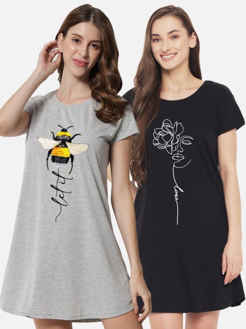 

FFLIRTYGO Women Pack of 2 Black and Grey Printed Nightdress