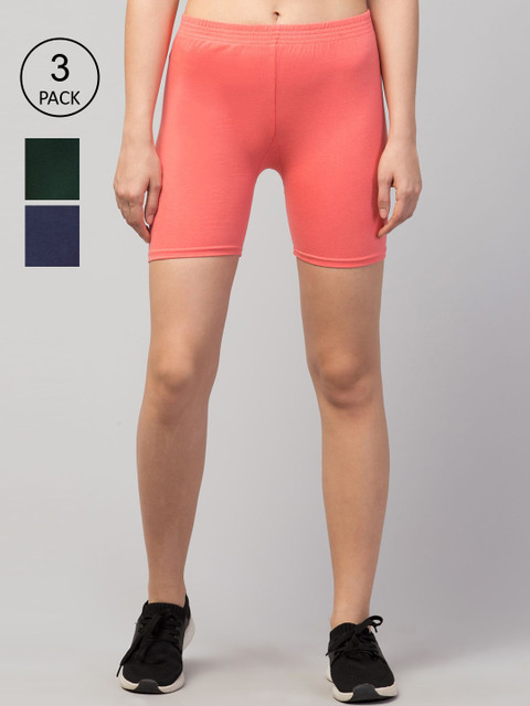 

Apraa & Parma Women Pack Of 3 Peach Blue & Green Slim Fit Cycling Sports Shorts