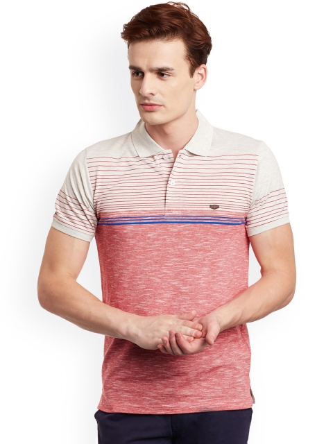 

Duke Men Pink & Off-White Striped Polo Collar T-shirt
