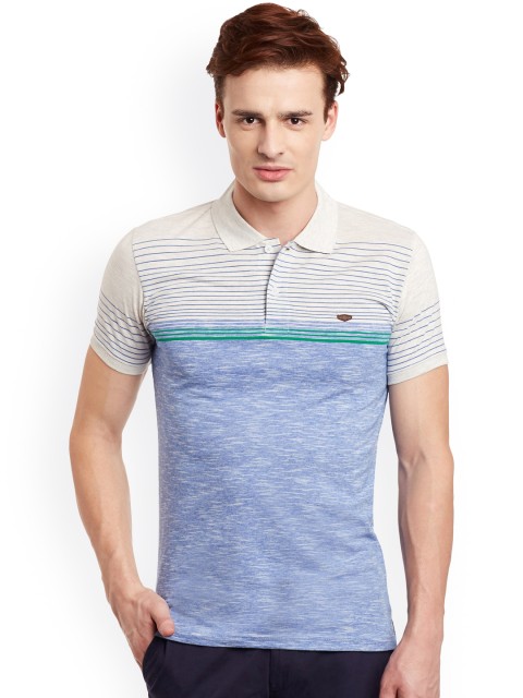 

Duke Men Turquoise Blue Striped Polo Collar T-shirt