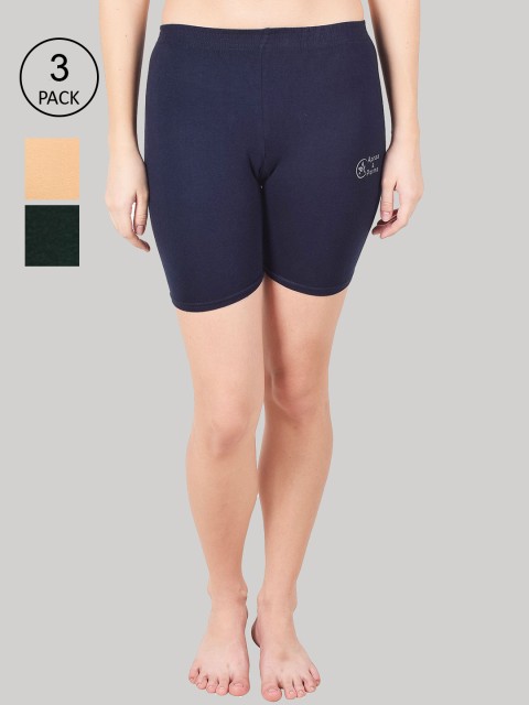 

Apraa & Parma Women Pack Of 3 Navy Blue & Green Cotton Slim Fit Cycling Shorts