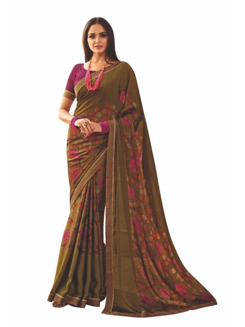 

Zainab chottani Green & Pink Floral Pure Georgette Block Print Saree