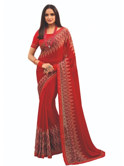 

Zainab chottani Red & Beige Pure Georgette Block Print Saree