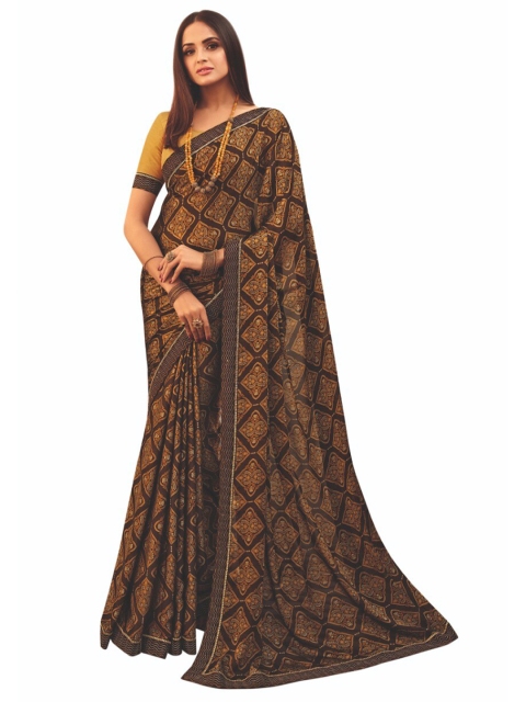 

Zainab chottani Brown Ethnic Motifs Pure Georgette Block Print Saree