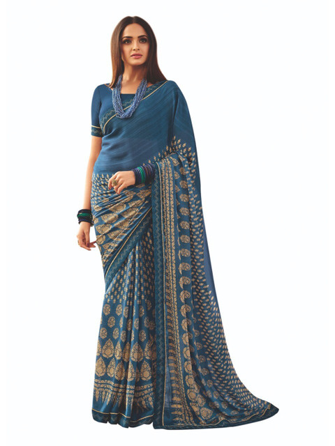 

Zainab chottani Blue & Gold-Toned Ethnic Motifs Pure Georgette Block Print Saree
