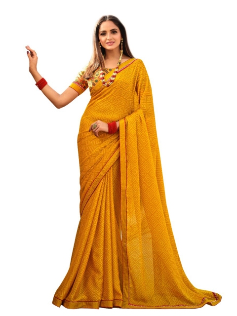 

Zainab chottani Yellow & Red Bandhani Pure Georgette Block Print Saree