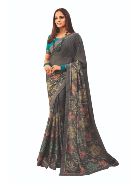 

Zainab chottani Grey & Orange Floral Pure Georgette Block Print Saree