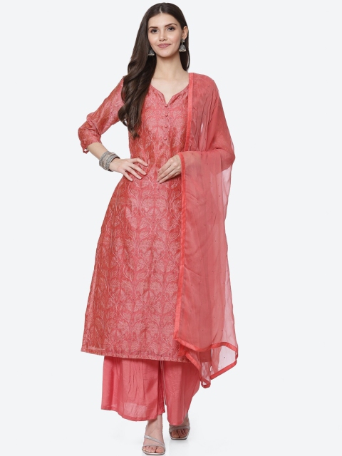 

Biba Women Pink Floral Printed Thread Work Kurta with Palazzos & With Dupatta