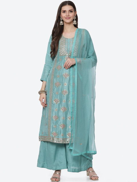 

Biba Turquoise Blue & Gold-Toned Unstitched Dress Material