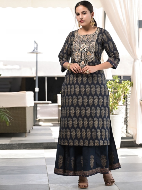 

Meeranshi Women Blue Floral Printed Gotta Patti Pure Cotton Kurta with Palazzos & With Dupatta