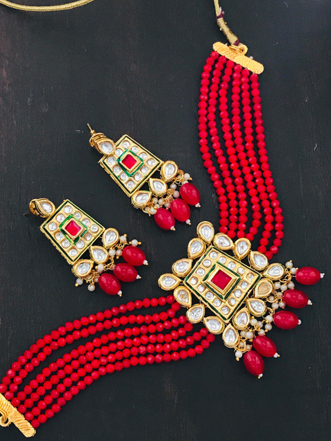 

The Opal Factory Gold-Plated Red Stone-Studded & Beaded Jewellery Set