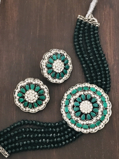 

The Opal Factory Silver-Plated Green Stone-Studded & Beaded Jewellery Set