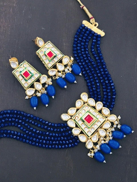 

The Opal Factory Gold-Plated Blue Stone-Studded & Beaded Jewellery Set