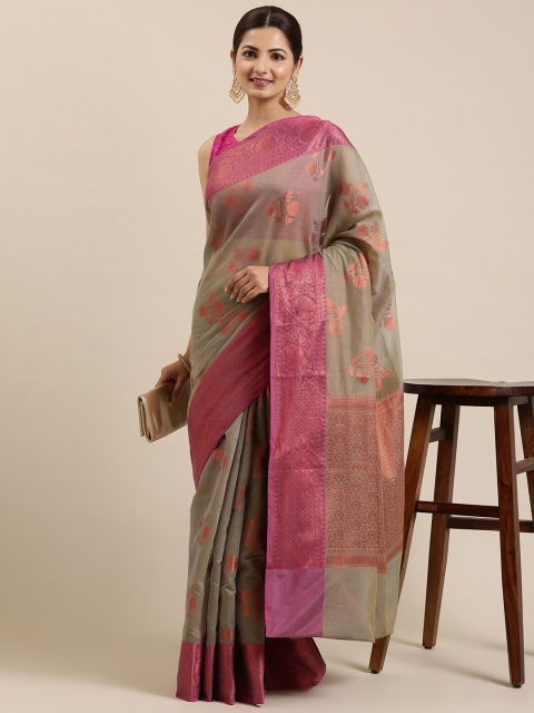 

The Chennai Silks Grey & Pink Floral Zari Organza Fusion Banarasi Saree