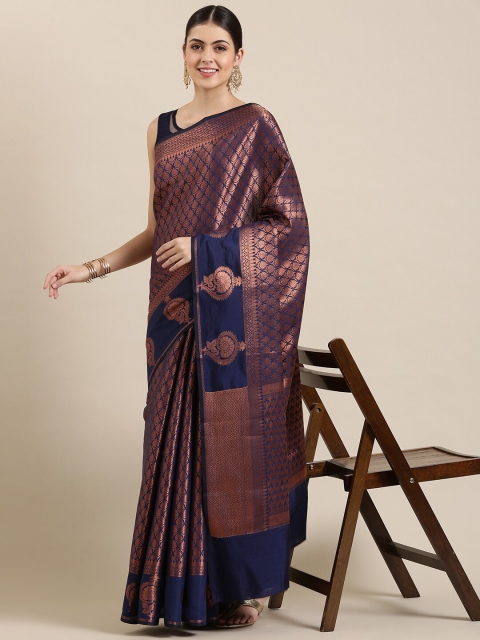 

The Chennai Silks Women Navy Blue & Gold-Toned Floral Zari Art Silk Kanjeevaram Saree