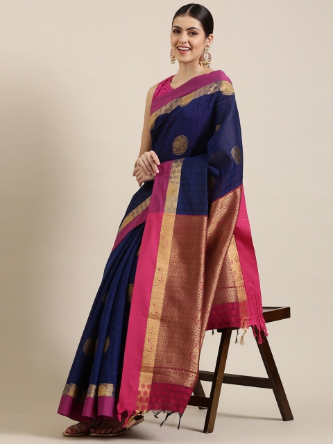 

The Chennai Silks Navy Blue & Magenta Ethnic Motifs Zari Silk Cotton Fusion Maheshwari Saree