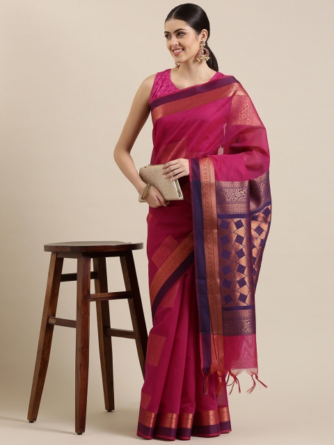 

The Chennai Silks Magenta & Purple Ethnic Motifs Zari Silk Cotton Fusion Maheshwari Saree