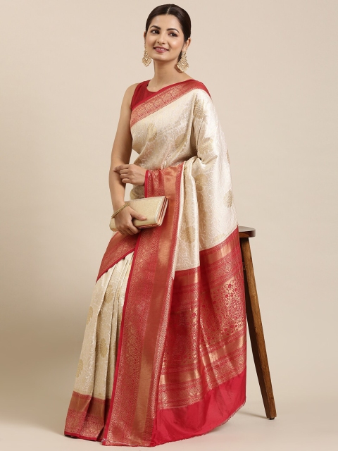 

The Chennai Silks Women Off White & Red Floral Zari Art Silk Kanjeevaram Saree