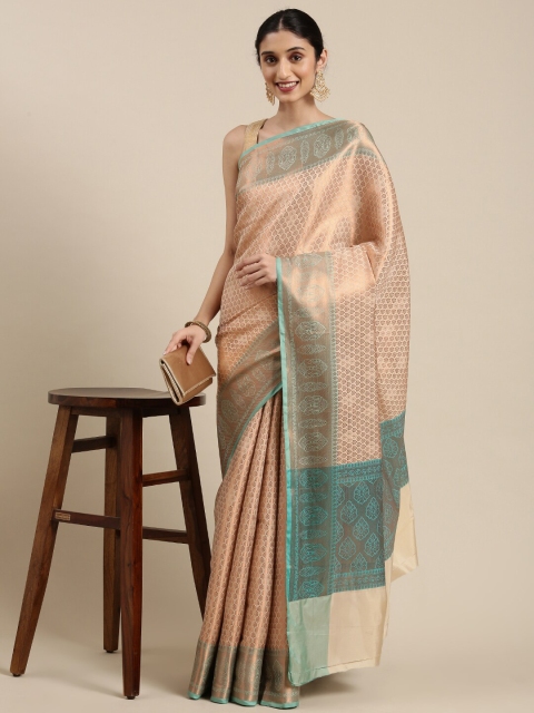 

The Chennai Silks Cream-Coloured & Copper-Toned Floral Zari Organza Fusion Banarasi Saree