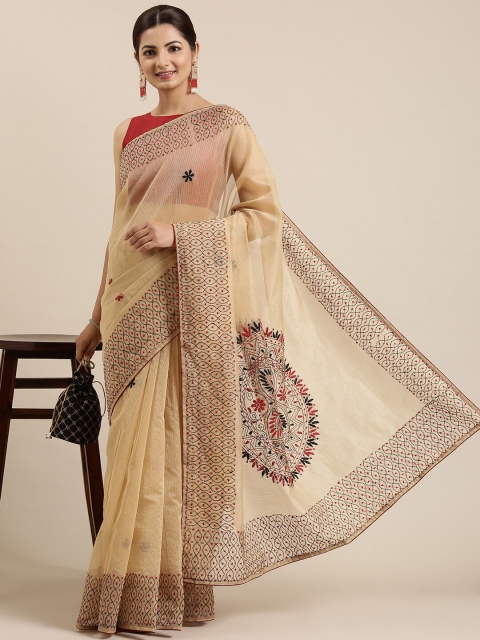 

The Chennai Silks Camel Brown & Black Ethnic Motifs Embroidered Supernet Kota Saree