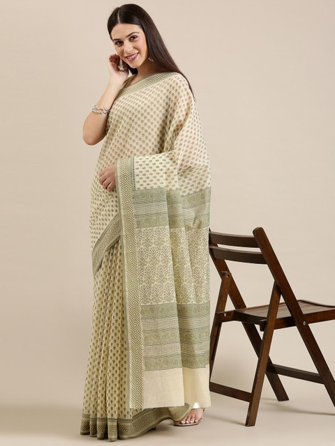 

The Chennai Silks Cream-Coloured Floral Pure Cotton Fusion Saree