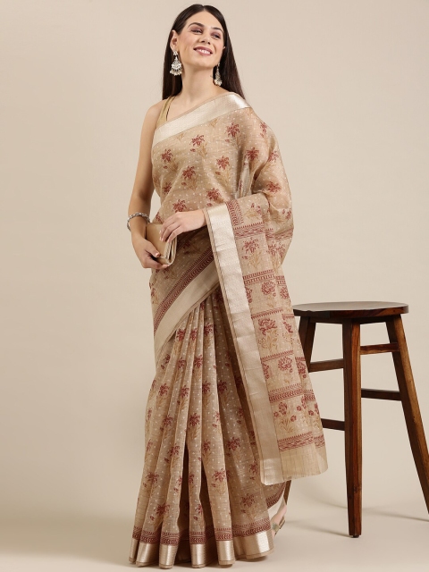 

The Chennai Silks Beige & Maroon Floral Zari Pure Cotton Fusion Saree