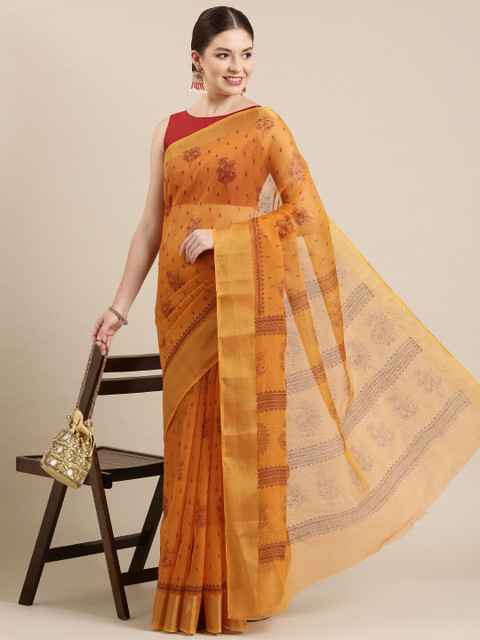 

The Chennai Silks Orange & Grey Floral Zari Pure Cotton Fusion Saree