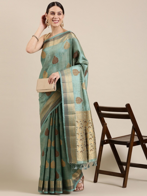 

The Chennai Silks Green & Brown Ethnic Motifs Zari Jute Cotton Fusion Saree