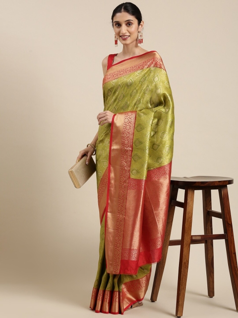 

The Chennai Silks Green & Orange Floral Zari Art Silk Fusion Kanjeevaram Saree