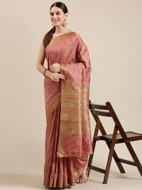 

The Chennai Silks Pink & Gold-Toned Floral Zari Jute Cotton Fusion Saree