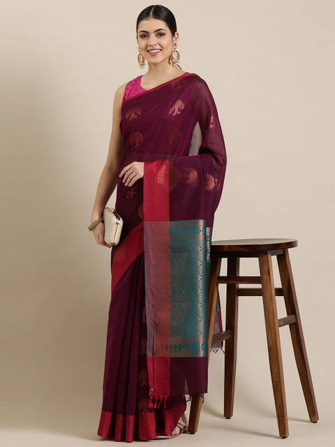 

The Chennai Silks Purple & Green Woven Design Zari Silk Cotton Fusion Maheshwari Saree