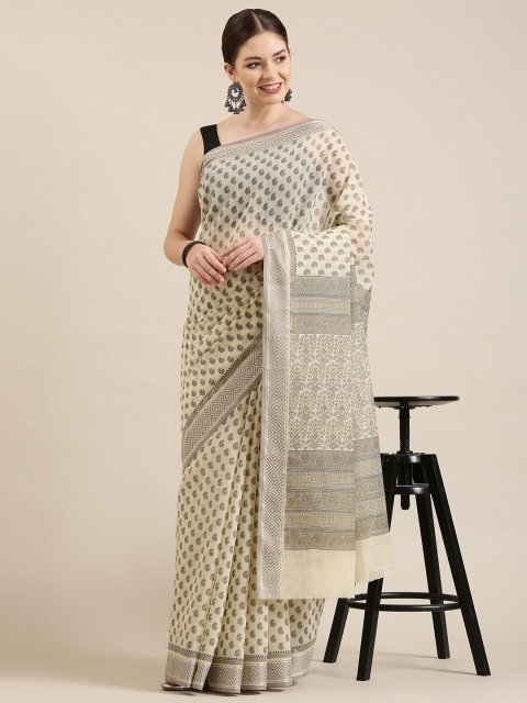 

The Chennai Silks Cream-Coloured & Grey Paisley Pure Cotton Fusion Saree