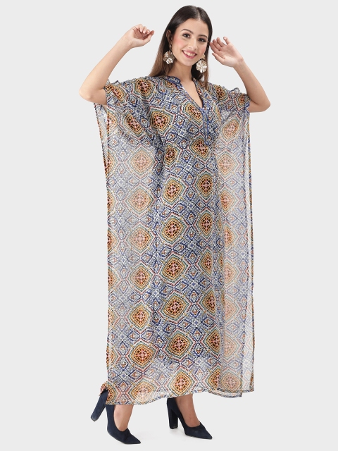 

DEBONATELLA Blue & Mustard Yellow Ethnic Motifs Georgette Kaftan Maxi Dress