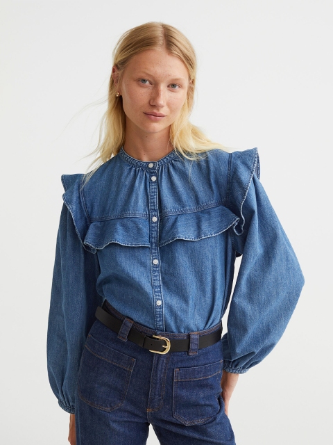 

H&M Women Blue Solid Pure Cotton Flounced Denim Blouse