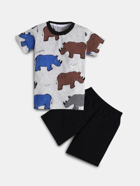 Hopscotch Boys Grey & Black Printed T-shirt with Shorts