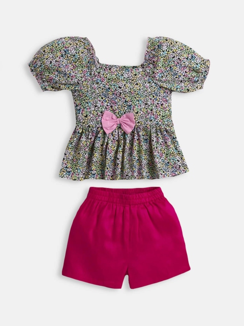 

Hopscotch Girls Pink & Blue Pure Cotton Floral Printed Top with Shorts Set