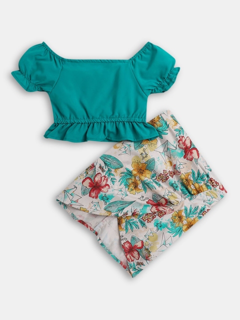Hopscotch Girls Sea Green & Yellow Pure Cotton Top with Skirt