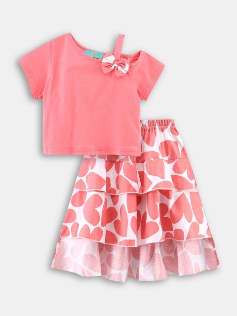 

Hopscotch Girls Peach-Coloured & Off White Pure Cotton Top with Skirt