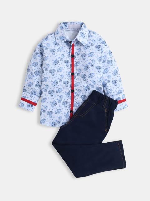 

Hopscotch Boys Pure cotton Blue & Red Printed Shirt with Trousers