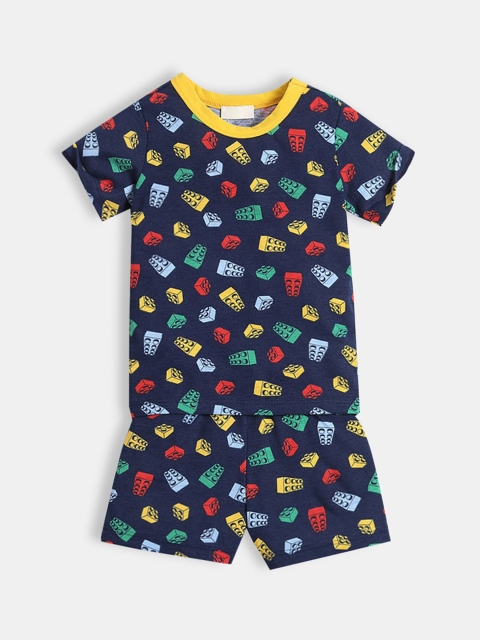 

Hopscotch Boys Navy Blue & Yellow Printed T-shirt with Shorts