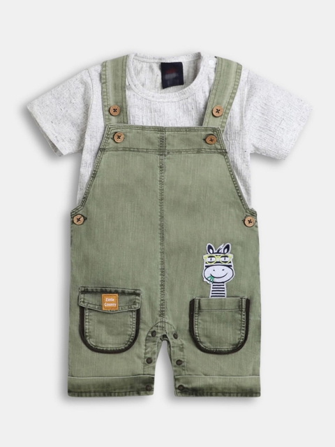 

Hopscotch Boys Olive Green & White Printed Pure Cotton T-shirt with Dungaree Set