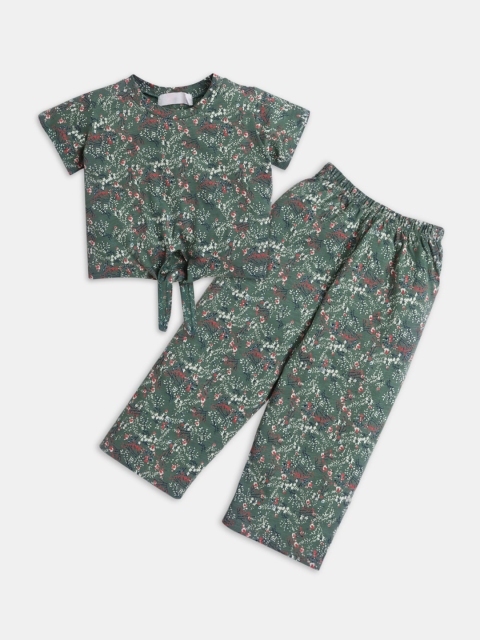 

Hopscotch Girls Green & Pink Printed Pure Cotton T-shirt with Shorts