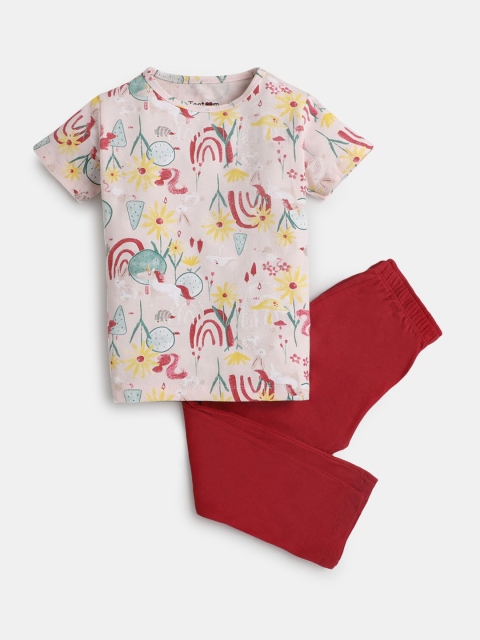 

Hopscotch Girls Pink & Maroon Printed T-shirt With Leggings