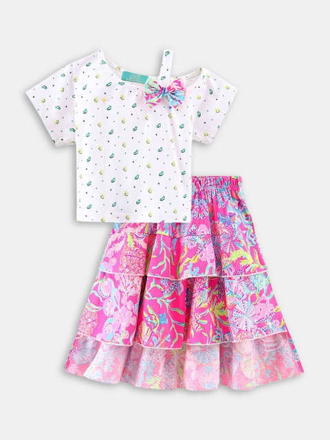 

Hopscotch Girls Pink & White Printed Pure Cotton Top with Skirt