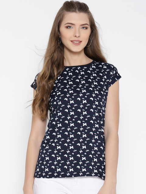 

U&F Women Navy Printed Top, Navy blue