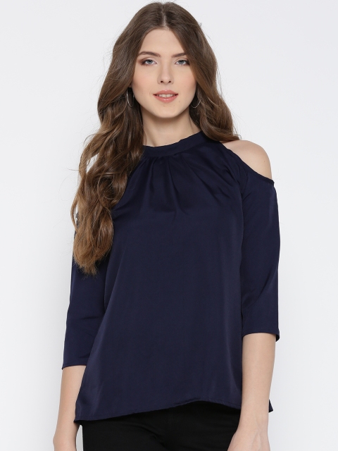 

U&F Women Navy Lightweight Solid Cold-Shoulder Top, Navy blue