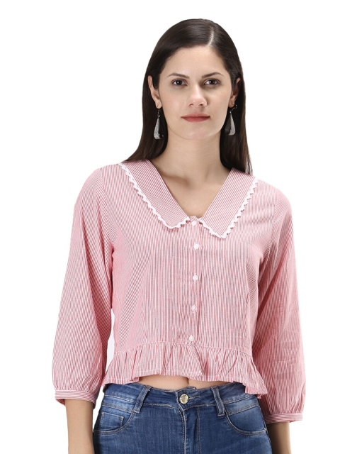 

D 'VESH Red Striped Peter Pan Collar Ruffles Shirt Style Top